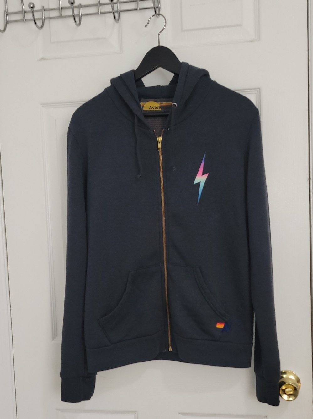 Aviator Nation Navy Zip Hoodie with Rainbow Lightning Bolt - Picture 4 of 8